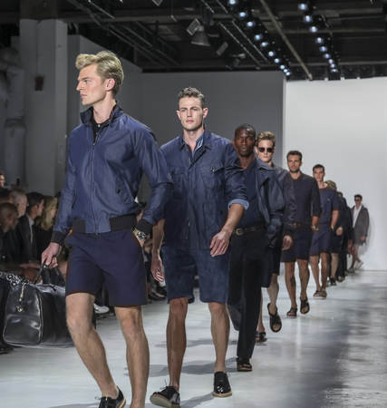 New York, NY, USA - July 14, 2015: Models walk runway at the Todd Snyder Runway show during New York Fashion Week: Men's S/S 2016 at Skylight Clarkson Sq, Manhattanのeditorial素材