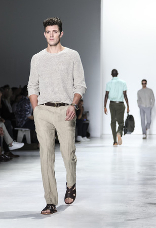 New York, NY, USA - July 14, 2015: A model walks runway at the Todd Snyder Runway show during New York Fashion Week: Men's S/S 2016 at Skylight Clarkson Sq, Manhattanのeditorial素材