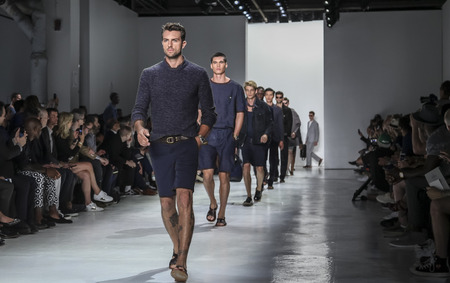New York, NY, USA - July 14, 2015: Models walk runway at the Todd Snyder Runway show during New York Fashion Week: Men's S/S 2016 at Skylight Clarkson Sq, Manhattanのeditorial素材