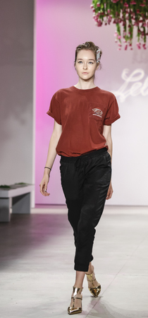 New York, NY, USA - September 14, 2015: A model walks the runway rehhearsal at Lela Rose runway show during of Spring 2016 New York Fashion Week at The Gallery, Skylight Clarkson Sq., Manhattan.  #CFDANYFW, #NYFW, #lelaroseのeditorial素材