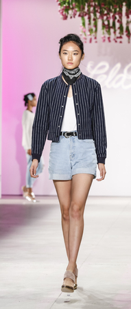 New York, NY, USA - September 14, 2015: A model walks the runway rehhearsal at Lela Rose runway show during of Spring 2016 New York Fashion Week at The Gallery, Skylight Clarkson Sq., Manhattan.  #CFDANYFW, #NYFW, #lelaroseのeditorial素材