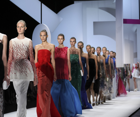 New York, NY, USA - September 12, 2015: Models walk the runway at Monique Lhullier runway show during of Spring 2016 New York Fashion Week at The Arc, Skylight at Moynihan Station, Manhattan.  #CFDANYFW, #NYFW,のeditorial素材