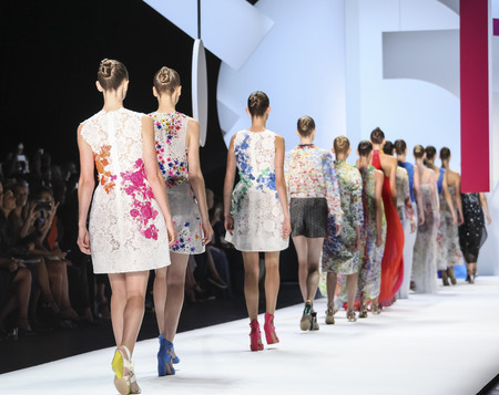 New York, NY, USA - September 12, 2015: Models walk the runway at Monique Lhullier runway show during of Spring 2016 New York Fashion Week at The Arc, Skylight at Moynihan Station, Manhattan.  #CFDANYFW, #NYFW,のeditorial素材