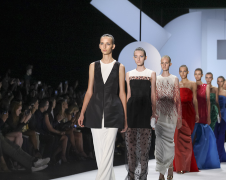 New York, NY, USA - September 12, 2015: Models walk the runway at Monique Lhullier runway show during of Spring 2016 New York Fashion Week at The Arc, Skylight at Moynihan Station, Manhattan.  #CFDANYFW, #NYFW,のeditorial素材