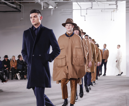 New York, NY, USA - February 2, 2016: Models walk runway for Carlos Campos Fall/Winter 2016 runway show during NY Fashion Week Men's at Skylight Clarkson North, Manhattanのeditorial素材