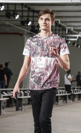 New York, NY, USA - February 2, 2016: A model walks runway rehearsal for Ovadia & Sons Fall/Winter 2016 runway show during NY Fashion Week Men's at Skylight Clarkson North, Manhattanのeditorial素材