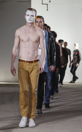 New York, NY, USA - February 4, 2016: A model walks runway rehearsal for Siki Im + Den Im Fall/Winter 2016 UNDED runway show during NY Fashion Week Men's at Skylight Clarkson North, Manhattanのeditorial素材