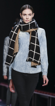 New York, NY, USA - February 13, 2016: A model walks the runway rehearsal at the Son Jung Wan runway show during of Fall/Winter 2016 New York Fashion Week at The Dock, Skylight at Moynihan Station, Manhattan.のeditorial素材