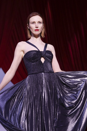 New York, NY, USA - February 14, 2016: A model walks the runway at the Farah Angsana runway show during of Fall/Winter 2016 New York STYLE Fashion Week at Gotham Hall, Manhattan.のeditorial素材