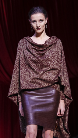 New York, NY, USA - February 14, 2016: A model walks the runway at the David Tupaz runway show during of Fall/Winter 2016 New York STYLE Fashion Week at Gotham Hall, Manhattan.のeditorial素材