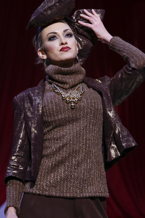 New York, NY, USA - February 14, 2016: A model walks the runway at the David Tupaz runway show during of Fall/Winter 2016 New York STYLE Fashion Week at Gotham Hall, Manhattan.のeditorial素材