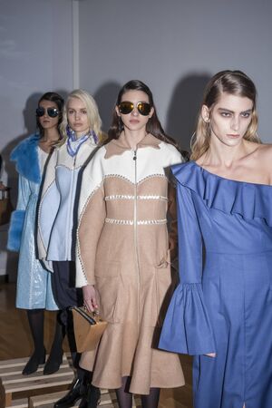 New York, NY, USA - February 12, 2016: Models at UNika Tang AW 2016 Presentation during of Fall/Winter 2016 New York Fashion Week at Gibney Dance Center, Manhattan.のeditorial素材