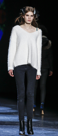 New York, NY, USA - February 13, 2016: A model walks the runway rehearsal at the Monique Lhuillier runway show during of Fall/Winter 2016 New York Fashion Week at The Arc, Skylight at Moynihan Station, Manhattan.のeditorial素材