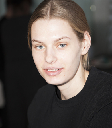 New York, NY, USA - April 13, 2016: A model prepares backstage for Marchesa SS17 2016 Bridal Presentation at Canoe Studio, Manhattanのeditorial素材