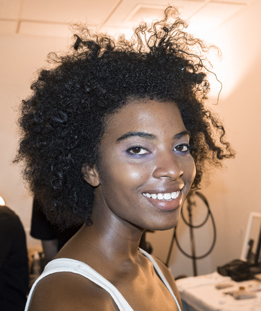 New York, NY, USA - September 13, 2016: A model prepares backstage for the Monique Lhuillier Spring/Summer 2017 runway show during New York Fashion Week SS 2017 at The IAC building, Manhattanのeditorial素材