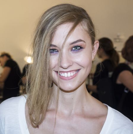 New York, NY, USA - September 13, 2016: A model prepares backstage for the Monique Lhuillier Spring/Summer 2017 runway show during New York Fashion Week SS 2017 at The IAC building, Manhattanのeditorial素材