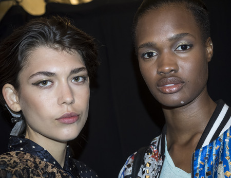 New York, NY, USA - September 13, 2016: A model prepares backstage for the Dennis Basso Spring/Summer 2017 runway show during New York Fashion Week SS 2017 at The Arc, Skylight at Moynihan Stationのeditorial素材