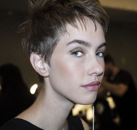 New York, NY, USA - September 13, 2016: A model prepares backstage for the Dennis Basso Spring/Summer 2017 runway show during New York Fashion Week SS 2017 at The Arc, Skylight at Moynihan Stationのeditorial素材