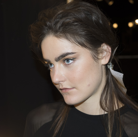 New York, NY, USA - September 13, 2016: A model prepares backstage for the Dennis Basso Spring/Summer 2017 runway show during New York Fashion Week SS 2017 at The Arc, Skylight at Moynihan Stationのeditorial素材