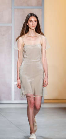 New York, NY, USA - September 8, 2016: A model walks runway for the NOON BY NOOR Spring/Summer 2017 runway show during New York Fashion Week SS 2017 at The Gallery at Skylight Clarcson Sqのeditorial素材