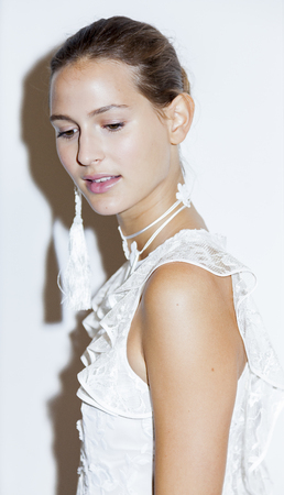 New York, NY, USA - September 7, 2016: A model shows up dress for the Sachin and Babi Spring/Summer 2017 collection presentation during New York Fashion Week SS 2017 at Fort Gansevoort, Manhattanのeditorial素材