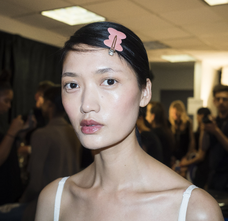New York, NY, USA - September 8, 2016: A model prepares backstage for the Ninth Annual Supima Design competition during New York Fashion Week SS 2017 at The Gallery at Skylight Clarkson Sqのeditorial素材