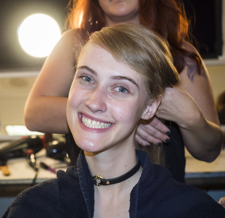 New York, NY, USA - September 8, 2016: A model prepares backstage for the Ninth Annual Supima Design competition during New York Fashion Week SS 2017 at The Gallery at Skylight Clarkson Sqのeditorial素材