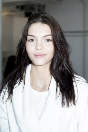 New York, NY, USA - October 5, 2016: A model prepares backstage for Marchesa Fall/Winter 2017 Bridal Presentation at Canoe Studio, Manhattanのeditorial素材