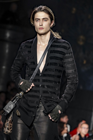 New York, NY, USA - February 2, 2017: A model walks runway for John Varvatos FW17 runway show during NY Fashion Week: Men's at Paramaunt Hotel, Manhattanのeditorial素材