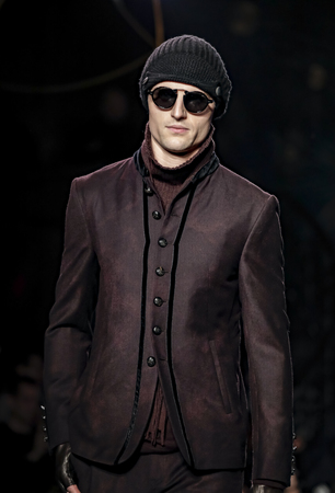 New York, NY, USA - February 2, 2017: A model walks runway for John Varvatos FW17 runway show during NY Fashion Week: Men's at Paramaunt Hotel, Manhattanのeditorial素材