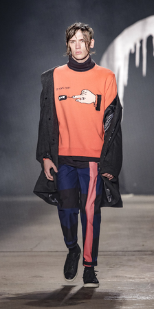New York, NY, USA - February 1, 2017: A model walks runway for Rochambeau FW17 runway show during NY Fashion Week: Men's at Skylight Clarkson Sq., North, Manhattanのeditorial素材