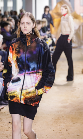 New York, NY, USA - February 11, 2017: A model walks runway for Lacoste FW 2017 collection runway show during New York Fashion Week at Pier 59 Studios, Manhattanのeditorial素材