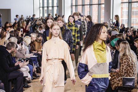 New York, NY, USA - February 11, 2017: A model walks runway for Lacoste FW17 collection runway show during New York Fashion Week at Pier 59 Studios, Manhattanのeditorial素材