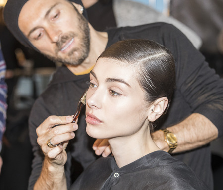 New York, NY, USA - February 12, 2017: A model prepares backstage for the Custo Barcelona Fall/Winter 2017 runway show during New York Fashion Week at Pier 59 Studios at Chelsea Piers, Manhattanのeditorial素材