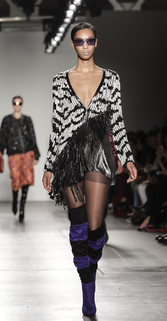 New York, NY, USA - February 12, 2017: Model walks runway for the Custo Barcelona Fall/Winter 2017 runway show during New York Fashion Week at Pier 59 Studios at Chelsea Piers, Manhattanのeditorial素材