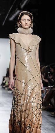 New York, NY, USA - February 14, 2017: A model walks runway for Dennis Basso FW17 collection runway show during New York Fashion Week at Skylight Clarkson Sq., Manhattanのeditorial素材