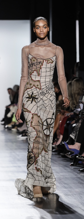 New York, NY, USA - February 14, 2017: A model walks runway for Dennis Basso FW17 collection runway show during New York Fashion Week at Skylight Clarkson Sq., Manhattanのeditorial素材