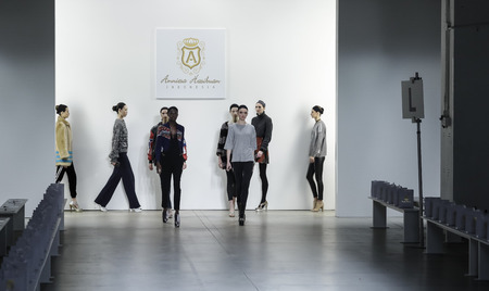 New York, NY, USA - February 14, 2017: Models walk runway rehearsal for Anniesa Hasibuan FW17 collection runway show during New York Fashion Week at Skylight Clarkson Sq., Manhattanのeditorial素材