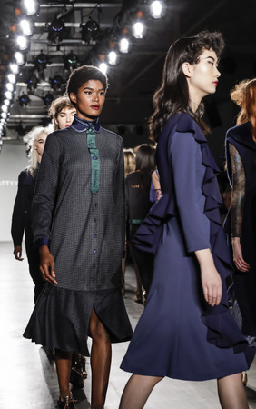 New York, NY, USA - February 13, 2017: Models walk runway for the Katty Xiomara Fall/Winter 2017 runway show during New York Fashion Week at Pier 59 Studios at Chelsea Piers, Manhattanのeditorial素材