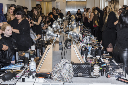 New York, NY, USA - April 21, 2017: General View of backstage for Monique Lhuillier Runway Bridal Show Spring/Summer 2018 during New York International Bridal Week at Weill Music Room at Carnegie Hall, Manhattanのeditorial素材