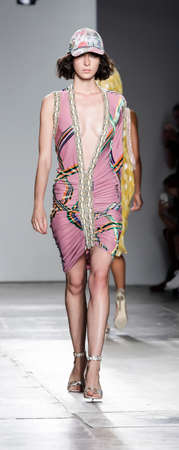 New York, NY, USA - September 9, 2017: A model walks runway for the Custo Barcelona Spring/Summer 2018 runway show during New York Fashion Week at Pier 59 Studios at Chelsea Piers, Manhattanのeditorial素材