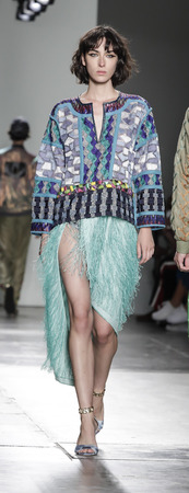 New York, NY, USA - September 9, 2017: A model walks runway for the Custo Barcelona Spring/Summer 2018 runway show during New York Fashion Week at Pier 59 Studios at Chelsea Piers, Manhattanのeditorial素材