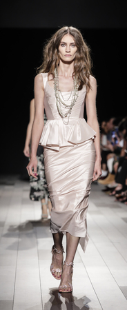 New York, NY, USA - September 13, 2017: A model walks runway for the Marchesa Spring/Summer 2018 runway show during New York Fashion Week at Skylight Clarkson Sq., Manhattanのeditorial素材