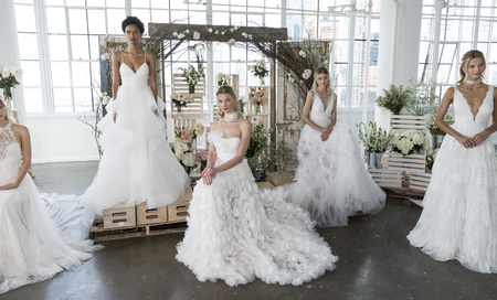 New York, NY, USA - October 5, 2017: Models show out a dress by Georgina Chapman and Keren Craig for Marchesa and Notte Fall/Winter 2018 Bridal Presentation during New York Bridal Week at Canoe Studio, Manhattanのeditorial素材