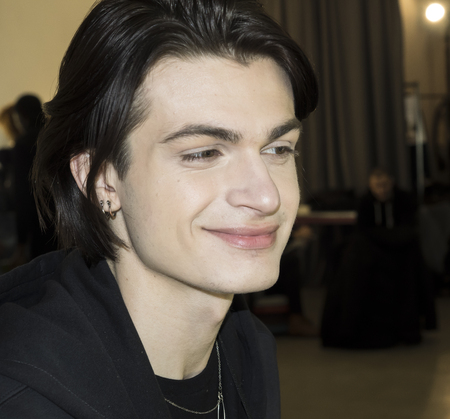 New York, NY, USA - February 6, 2018: A model prepares backstage for Carlos Campos Fall/Winter 2018 runway show during NY Fashion Wweek: Men's at Skylight Modern, Manhattanのeditorial素材