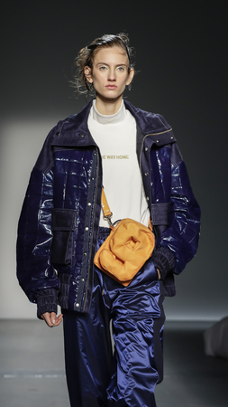 New York, NY, USA - February 6, 2018: A model walks runway for Feng Chen Wang Fall/Winter 2018 runway show during NY Fashion Wweek: Men's at Pier 59 Studios, Manhattanのeditorial素材