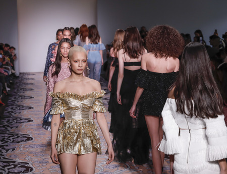 New York, NY, USA - February 10, 2018: Models walk runway for alice McCall Fall/Winter 2018 runway show during New York Fashion Wweek at Industria, Manhattanのeditorial素材