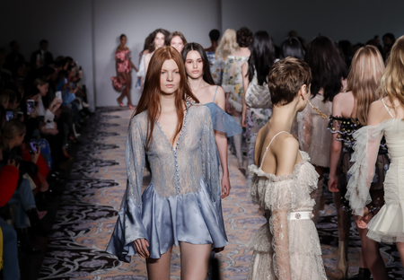 New York, NY, USA - February 10, 2018: Models walk runway for alice McCall Fall/Winter 2018 runway show during New York Fashion Wweek at Industria, Manhattanのeditorial素材