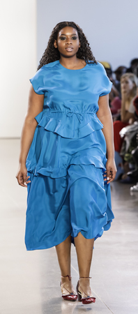 New York, NY, USA - Febbruary 14, 2018: A model walks runway for Leanne Marshall Fall/Winter 2018 runway show during New York Fashion Week at Spring Studios, Manhattanのeditorial素材