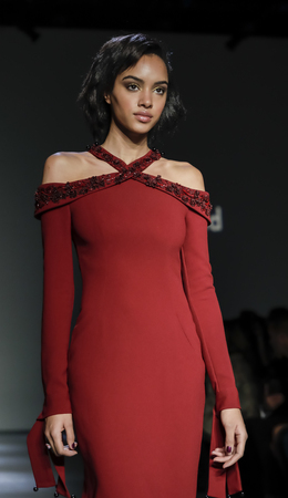 New York, NY, USA - February 8, 2018: A model walks runway for the Pamella Roland Fall/Winter 2018 runway show during New York Fashion Week at Pier 59 Studuos, Manhattanのeditorial素材